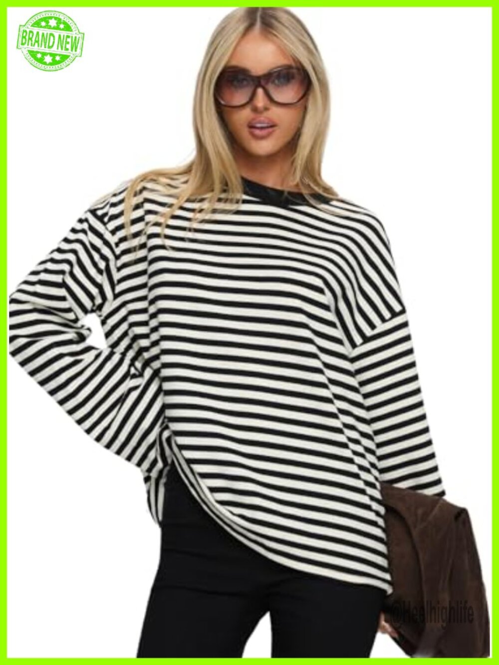 Long Sleeve Striped Top Crew Neck Relaxed Fit Pullover